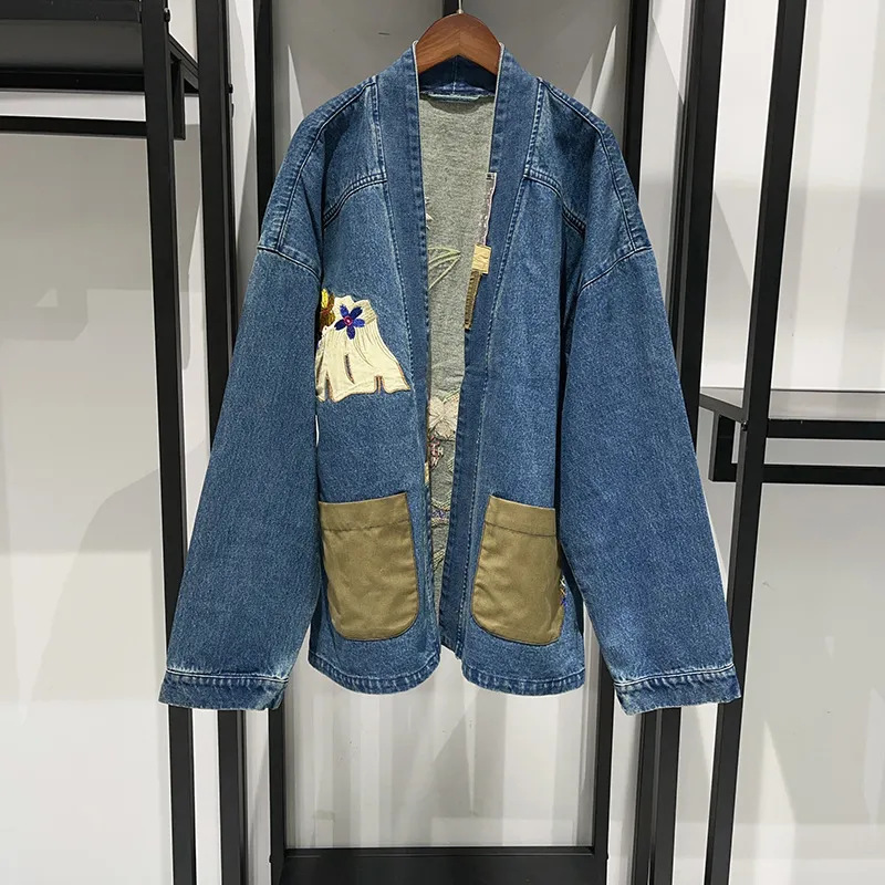 Autumn Winter Street Style Embroidered Flower Patch Robe Denim Jacket