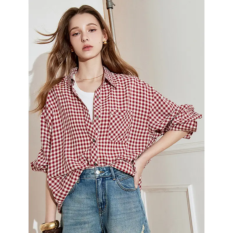 Women's Long-Sleeved Cotton Plaid Retro Lapel Casual Shirt Top