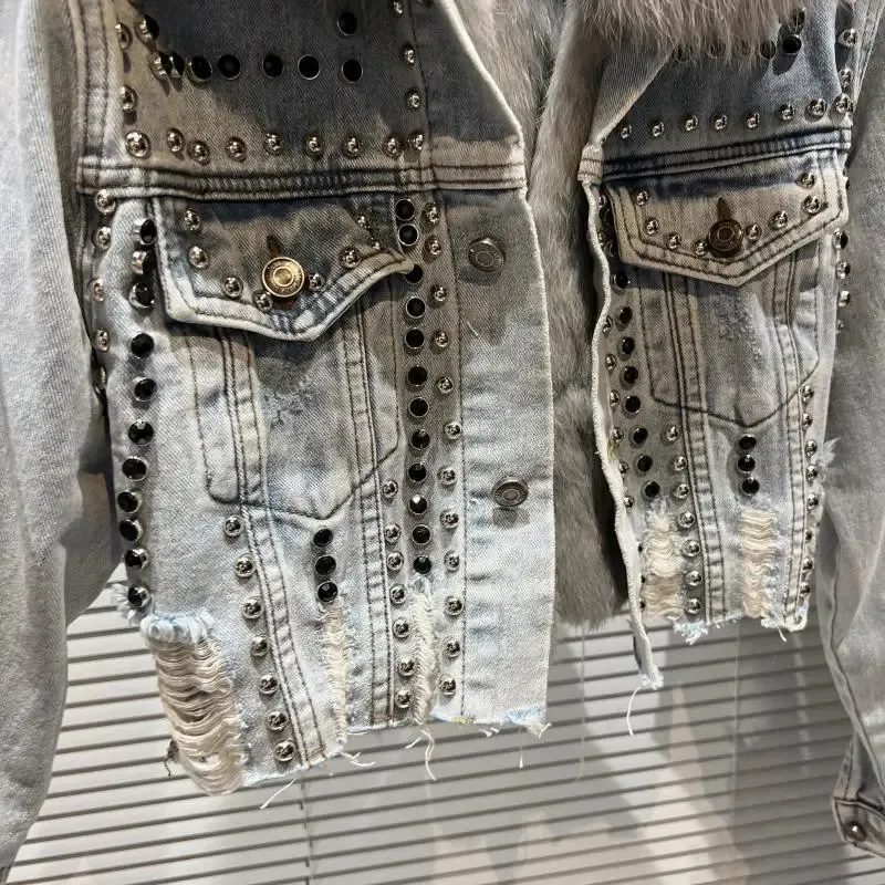 Women's Real Fur Denim Jacket - Autumn Street Style Rivet Short Jean Coat With Natural Fox Fur Collar and Rabbit Fur Lining