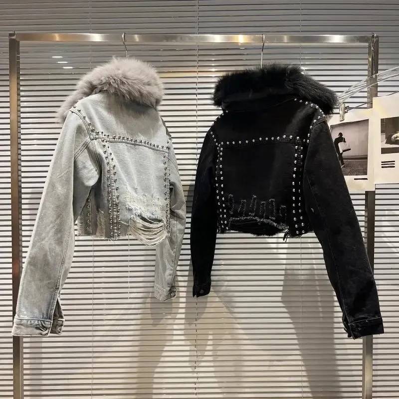 Women's Real Fur Denim Jacket - Autumn Street Style Rivet Short Jean Coat With Natural Fox Fur Collar and Rabbit Fur Lining