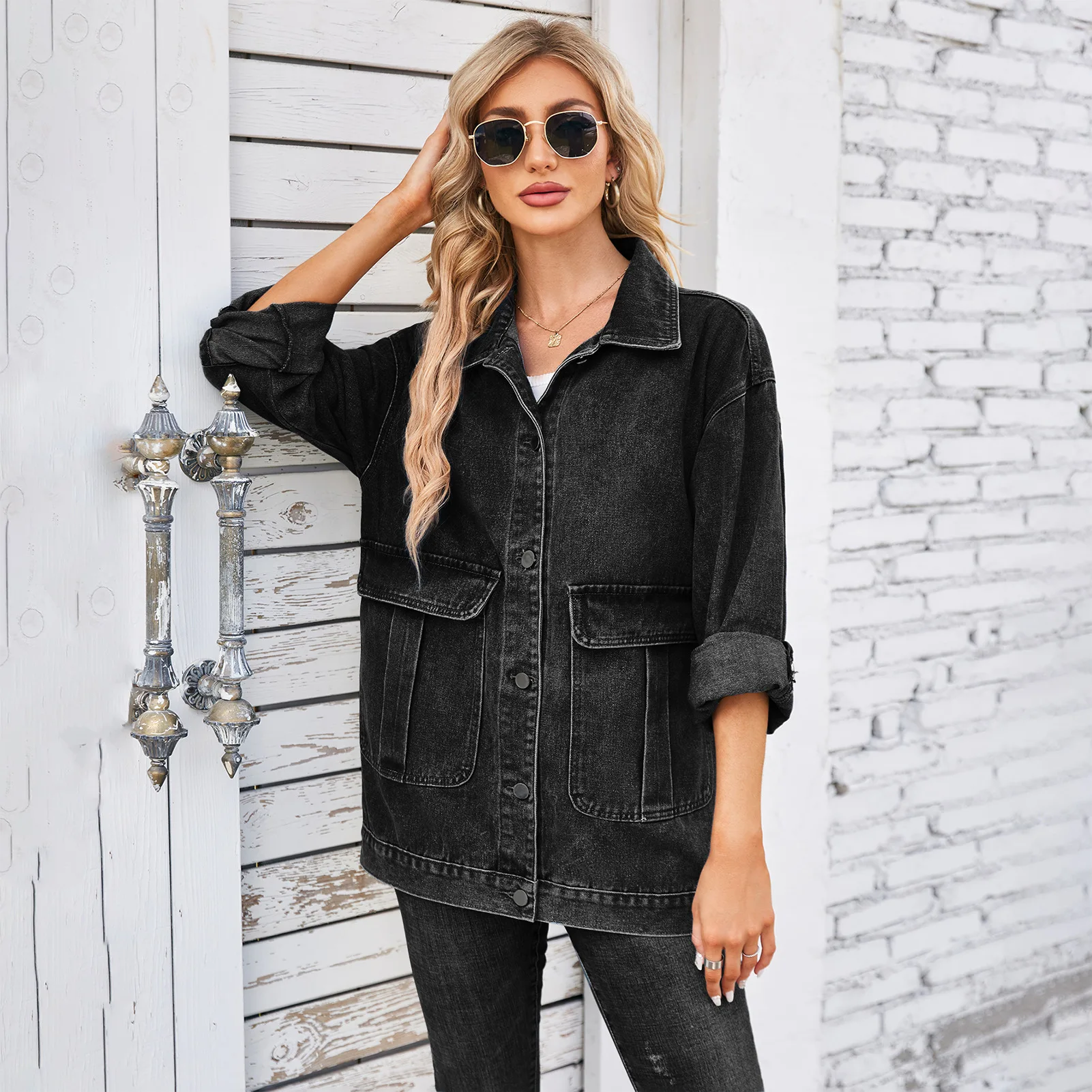 Autumn Women's Jeans Jacket Solid Lapel Collar Single Breasted Pocket Washed Casual Top For Ladies