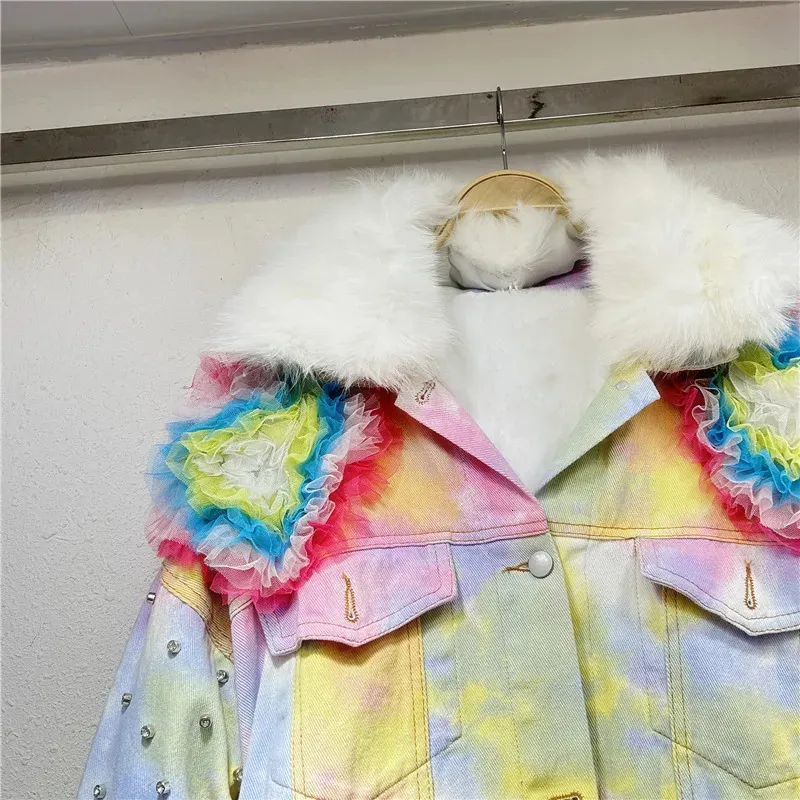 Women's Casual Denim Jacket Gradient Tie Dye Heart Bead Patch Warm Faux Fur Lining Long Sleeve Coat