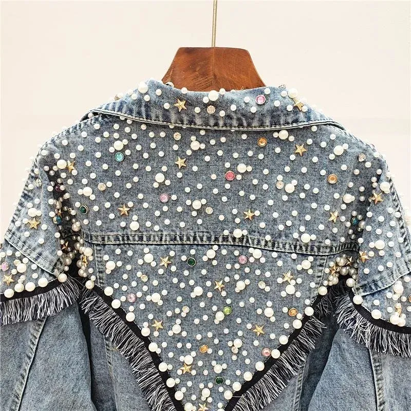 Women's Spring Autumn Denim Jacket - Streetwear Studded Pearls Punk Tassel Short Loose Jean Coat Veste Femme
