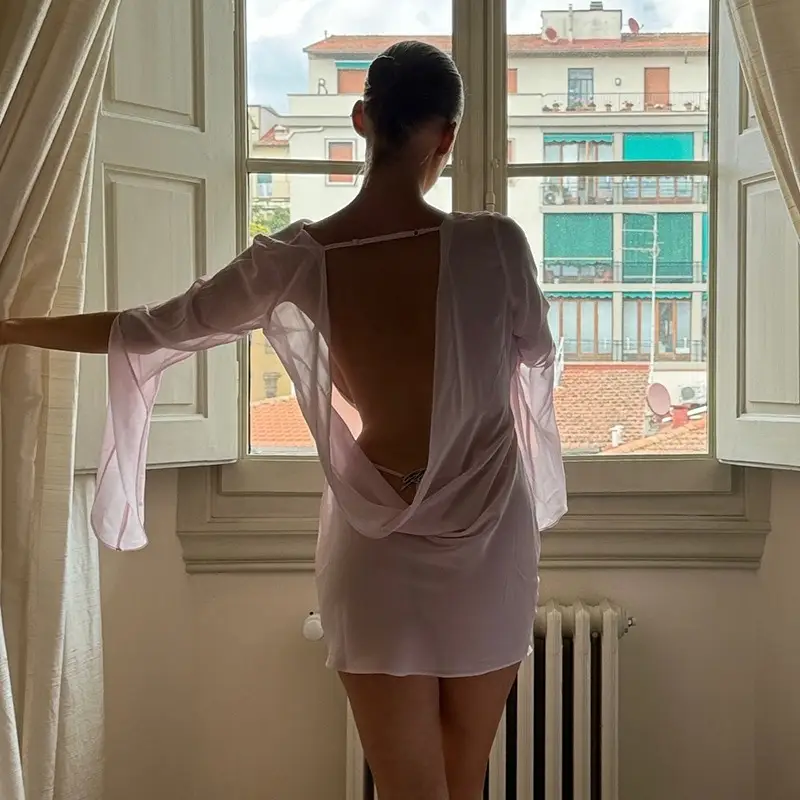 Women's Pink Dress - Sexy See-Through Backless Long Sleeve Lace-Up Dress Women's Pink Dress - Sexy See-Through Backless Long Sleeve Lace-Up Dress