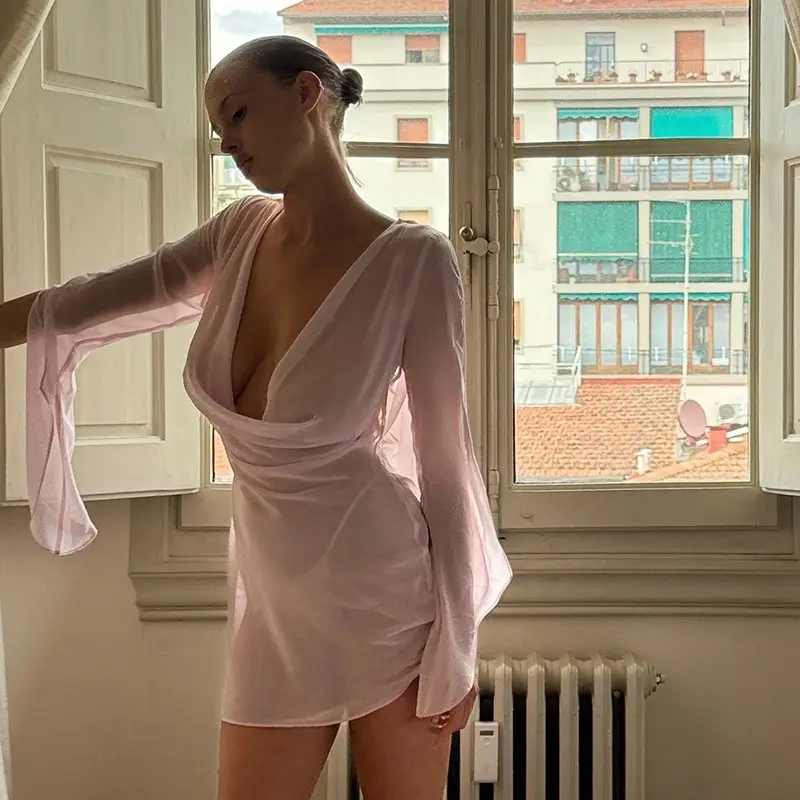 Women's Pink Dress - Sexy See-Through Backless Long Sleeve Lace-Up Dress Women's Pink Dress - Sexy See-Through Backless Long Sleeve Lace-Up Dress