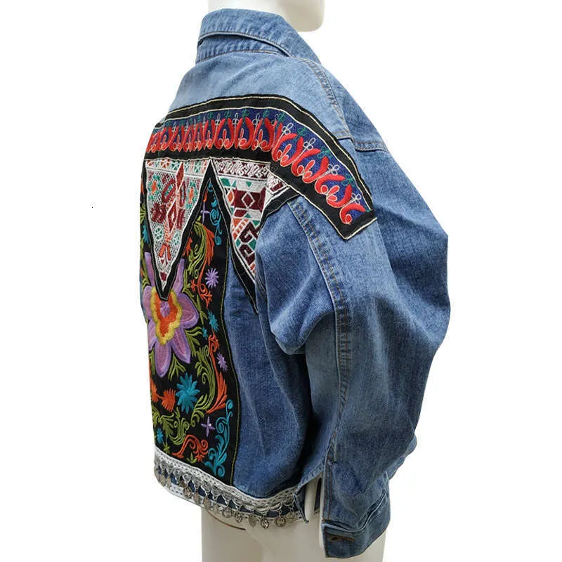 Women's Vintage Denim Jacket - Boho Embroidered Applique Spring Long Sleeve Outerwear for Women