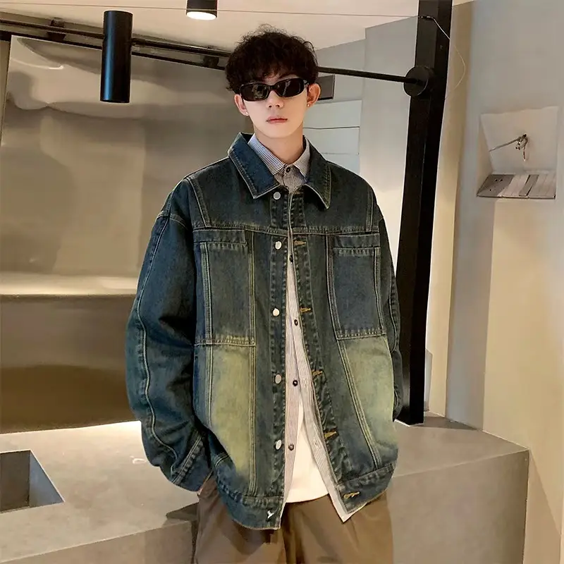 Trendy Men's Denim Jacket Autumn Winter Ripped & Patchwork Design Oversized Fit Urban Street Style