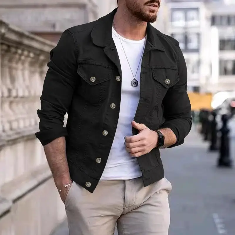 Men's Solid Color Denim Jacket Flip Collar Casual Long Sleeve Jacket Multi Pocket, Single Breasted Top