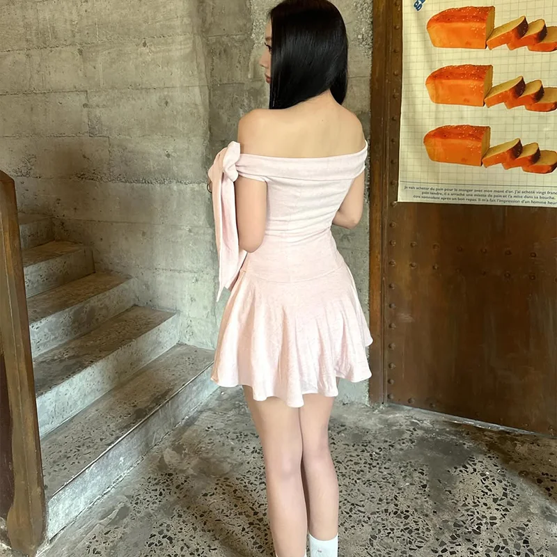 Women's Elegant Mini Dress - Solid Color High Waist Off Shoulder Sweet Sleeveless Dress Women's Elegant Mini Dress - Solid Color High Waist Off Shoulder Sweet Sleeveless Dress