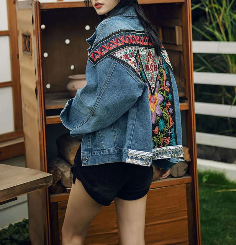Women's Vintage Denim Jacket - Boho Embroidered Applique Spring Long Sleeve Outerwear for Women
