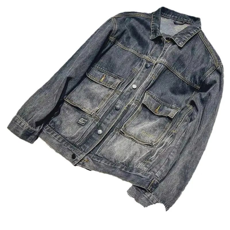 Men's Denim Jacket Pockets Decors Fashion Spring Autumn Jacket Coat Trendy Retro Style Loose Fit Denim Clothes
