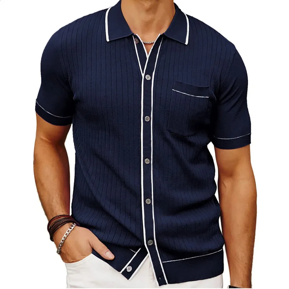 Men's Polos Clothing Knitted Polo Shirt Casual Striped Button Down Solid Color Short Sleeve T-Shirt for Men