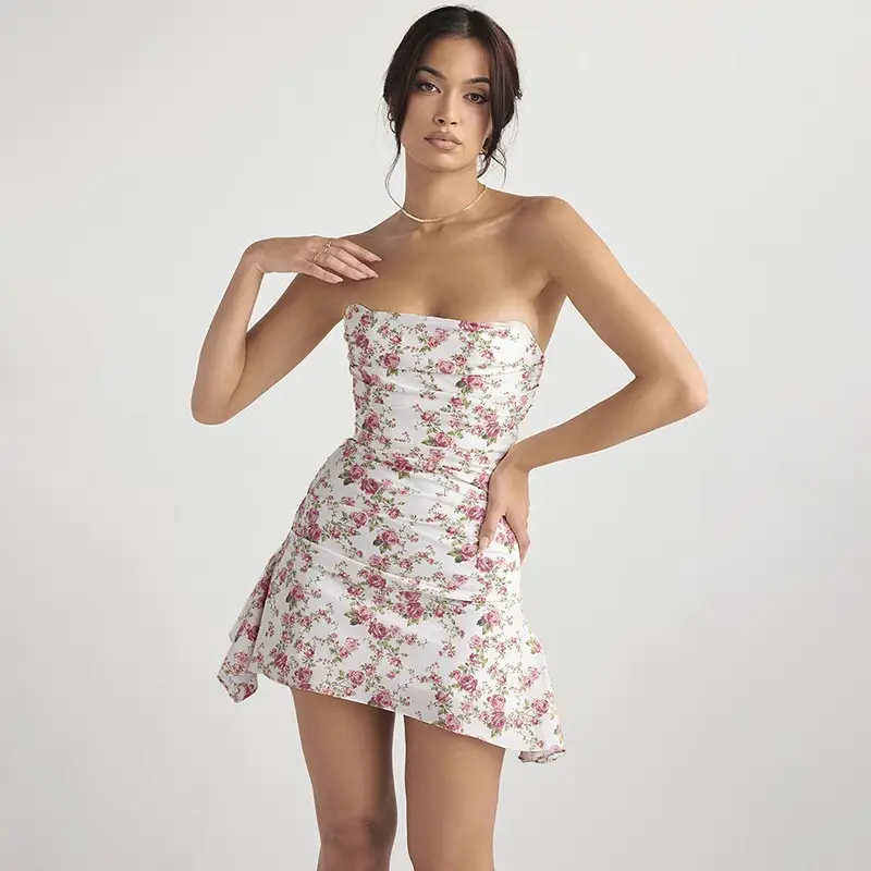 Women's Sexy Short Dress - Off-Shoulder Sleeveless Floral Print Slim Fit