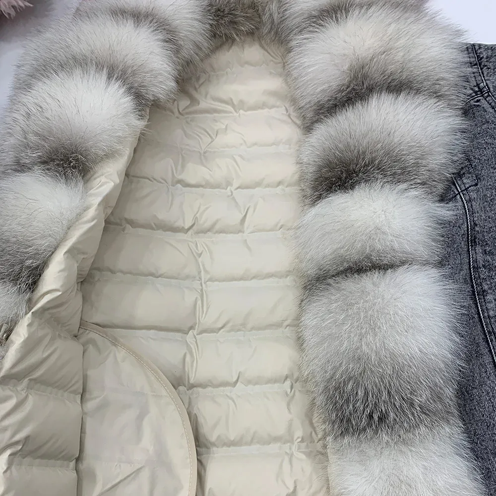 Women's Winter Denim Coat - Real Fur Trim Jean Jacket with Duck Down Lining Parka Outerwear