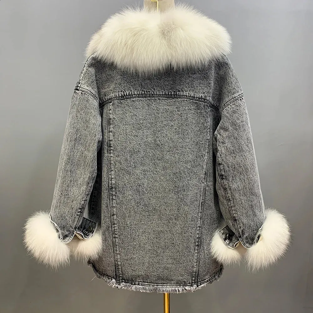 Women's Winter Denim Coat - Real Fur Trim Jean Jacket with Duck Down Lining Parka Outerwear
