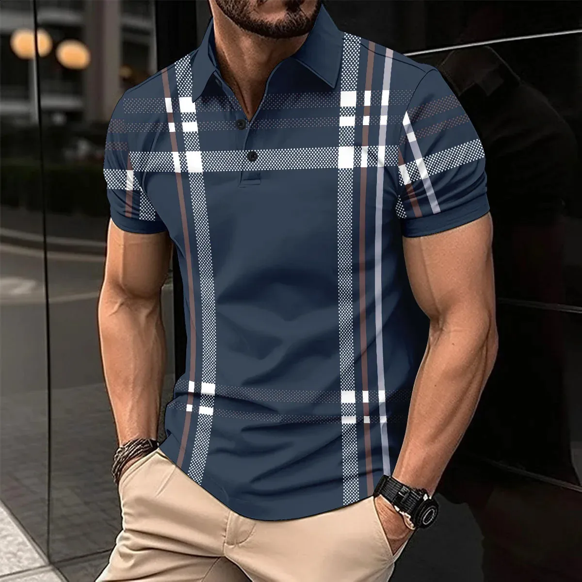Men Breathable Short Sleeved Striped Polo Shirt Button Up Men's Top