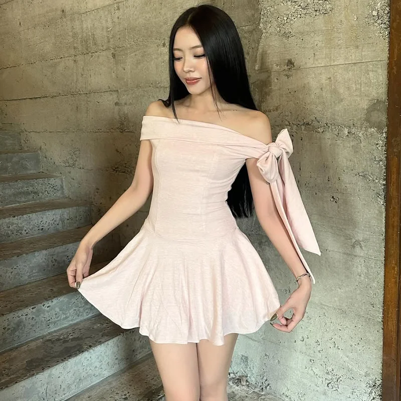 Women's Elegant Mini Dress - Solid Color High Waist Off Shoulder Sweet Sleeveless Dress Women's Elegant Mini Dress - Solid Color High Waist Off Shoulder Sweet Sleeveless Dress