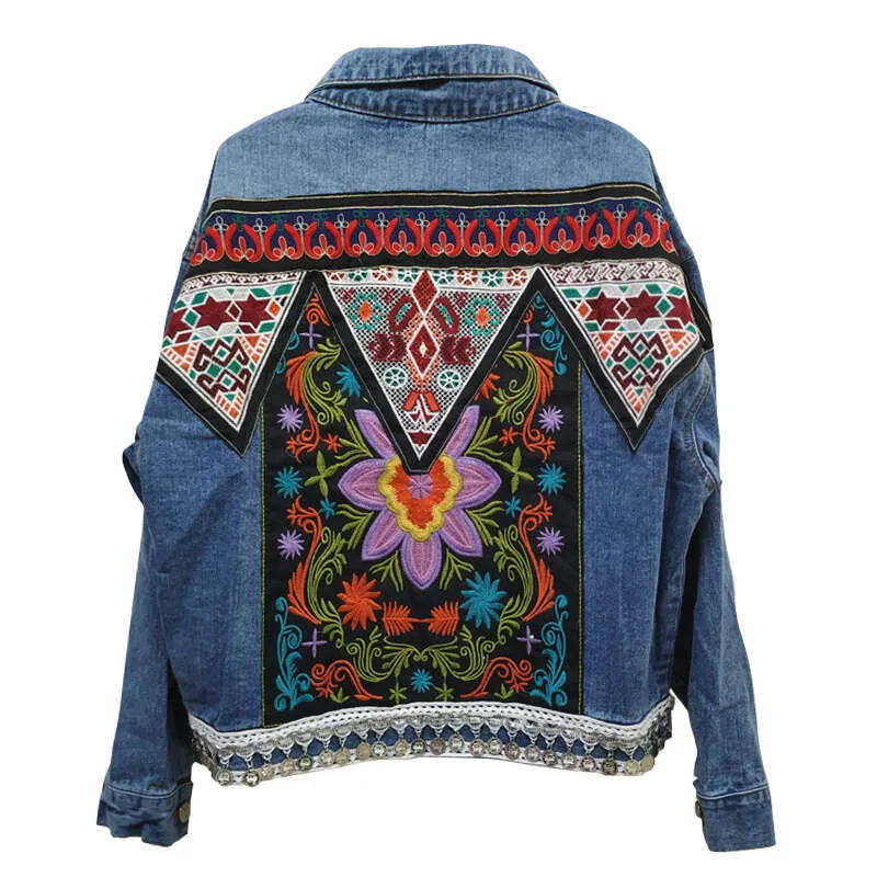 Women's Vintage Denim Jacket - Boho Embroidered Applique Spring Long Sleeve Outerwear for Women