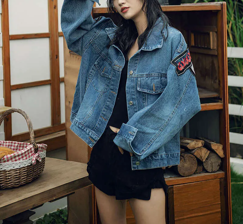 Women's Vintage Denim Jacket - Boho Embroidered Applique Spring Long Sleeve Outerwear for Women