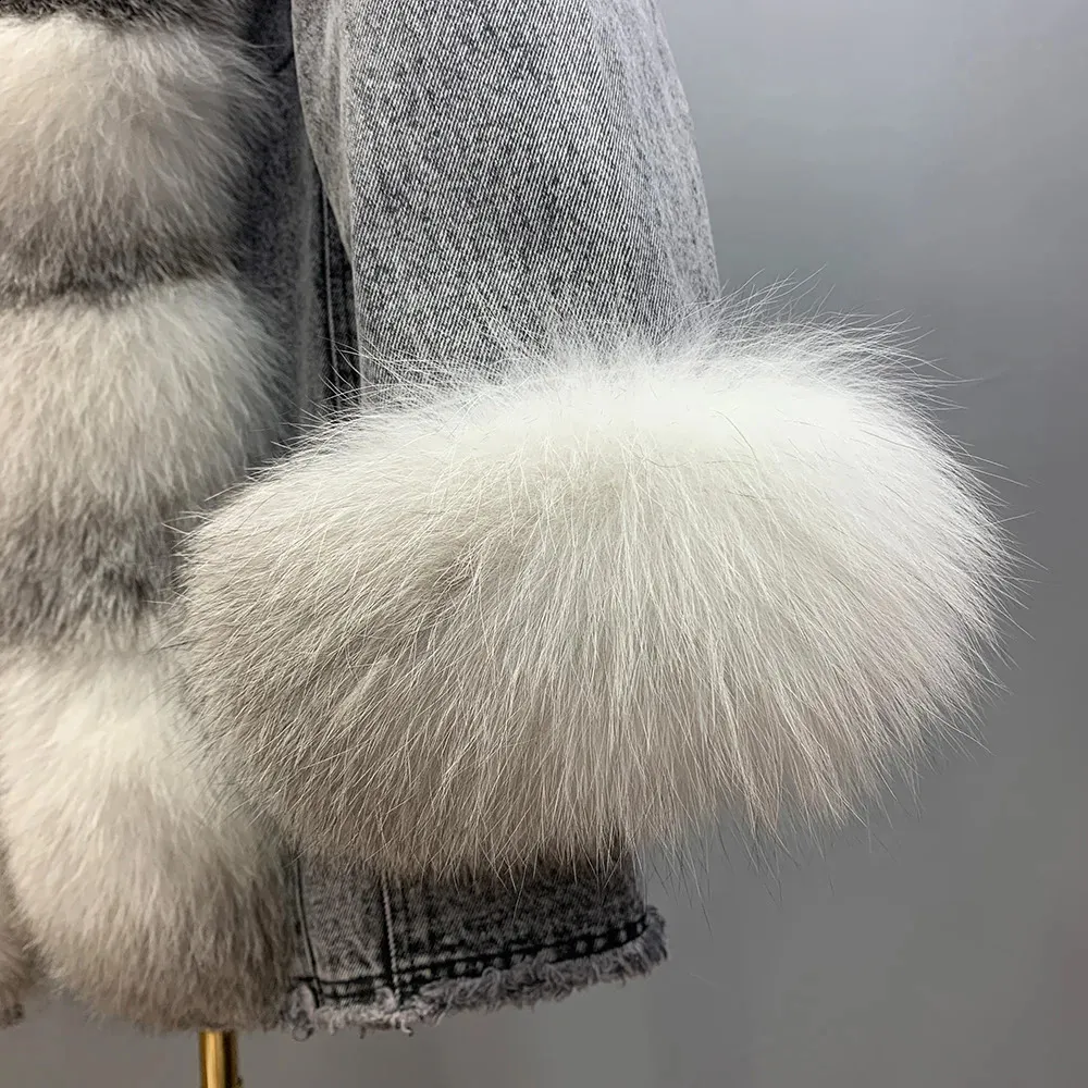 Women's Winter Denim Coat - Real Fur Trim Jean Jacket with Duck Down Lining Parka Outerwear
