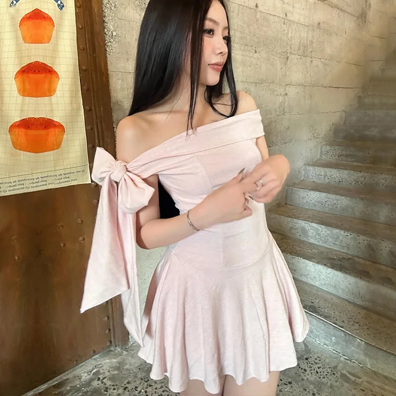 Women's Elegant Mini Dress - Solid Color High Waist Off Shoulder Sweet Sleeveless Dress Women's Elegant Mini Dress - Solid Color High Waist Off Shoulder Sweet Sleeveless Dress