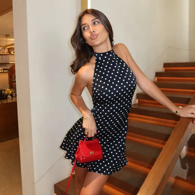 Polka Dot Elegant Off-Shoulder Dress - Sleeveless Backless High Waist Halter Neck Party Outfit Polka Dot Elegant Off-Shoulder Dress - Sleeveless Backless High Waist Halter Neck Party Outfit
