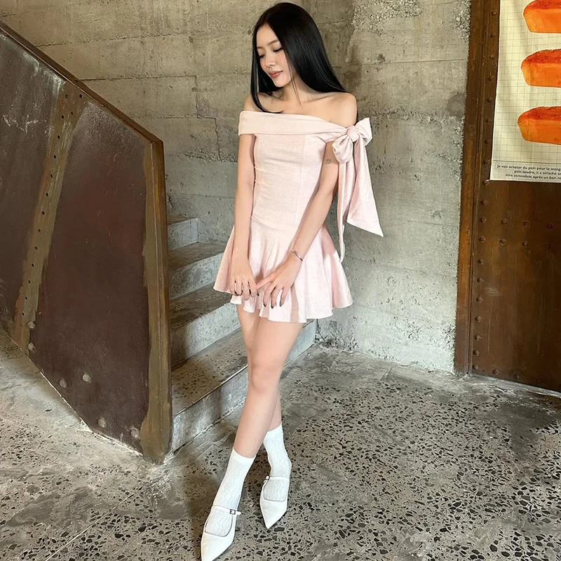 Women's Elegant Mini Dress - Solid Color High Waist Off Shoulder Sweet Sleeveless Dress Women's Elegant Mini Dress - Solid Color High Waist Off Shoulder Sweet Sleeveless Dress