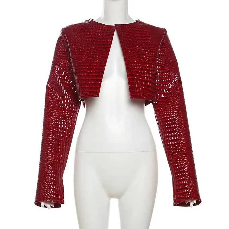 Women's Fashionable Pu Leather Jacket Crop Top O-Neck Long Sleeved Open Seam Casual Streetwear Jacket Clothing Jacket