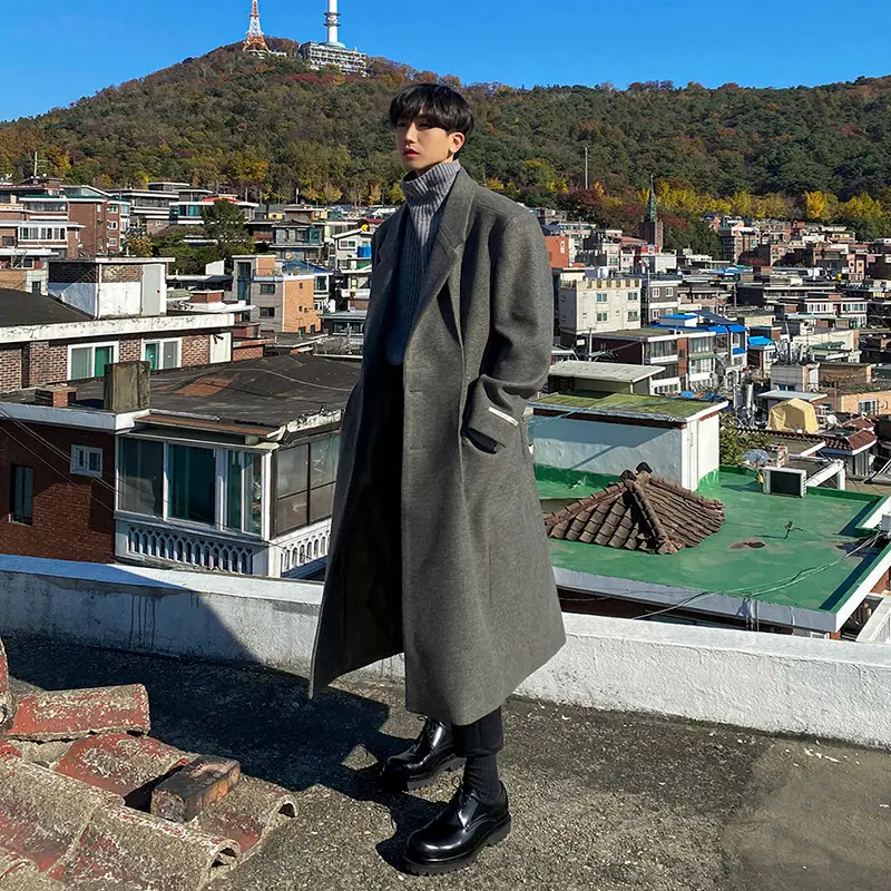 Men's Trendy Gentleman Woolen Coat Long Sleeve Lapel Windbreaker Autumn And Winter Thickened Coat