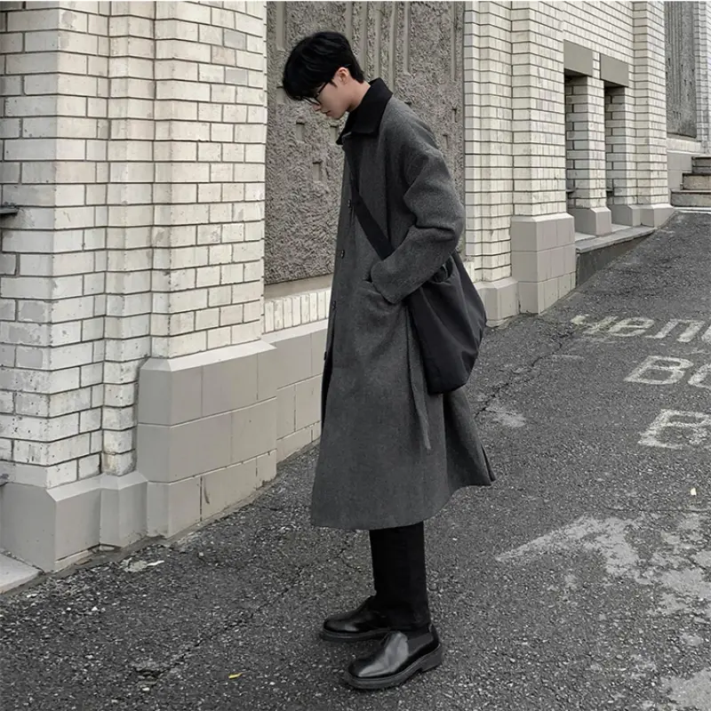 Men's Autumn And Winter Mid-Length Loose Casual Thick Woolen Coat Stitching Color