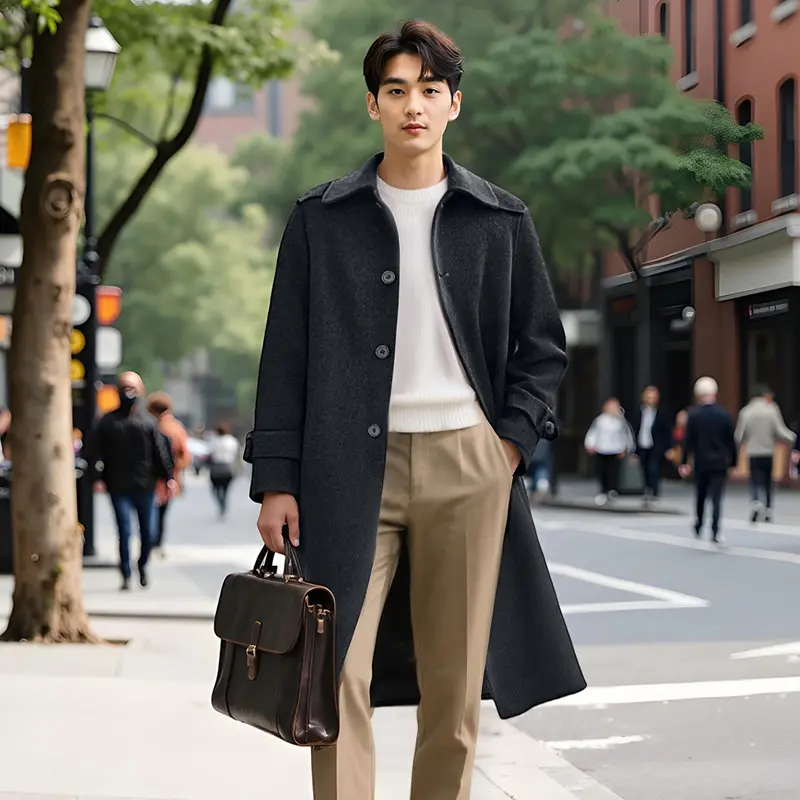 Men's Stand Collar 100% Wool Coat Solid Color Knit...
