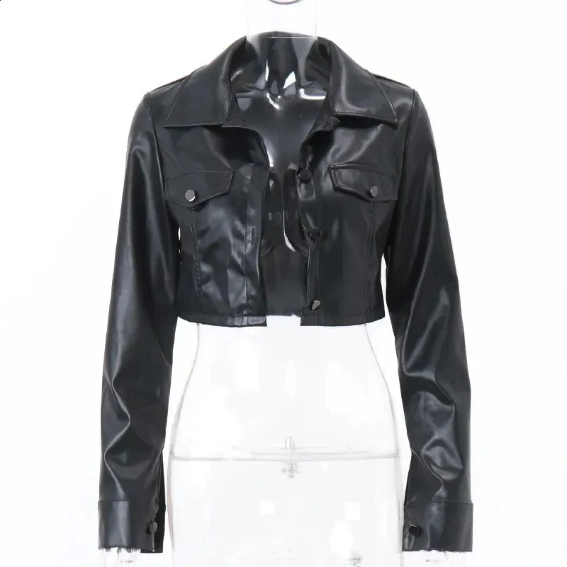 PU Leather Jacket Women Street Fashion Casual Long-sleeved Button Coat Slim Sexy Cropped Tops