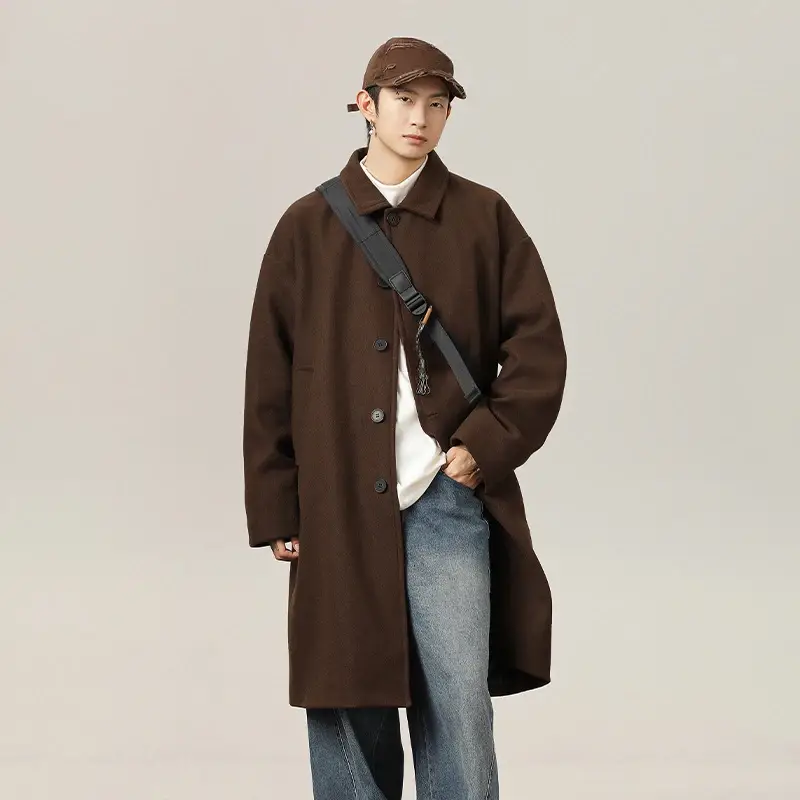 Men's Autumn And Winter Korean Style Loose Woolen Coat Solid Color Knee-Length Lapel Single-Breasted Woolen Coat