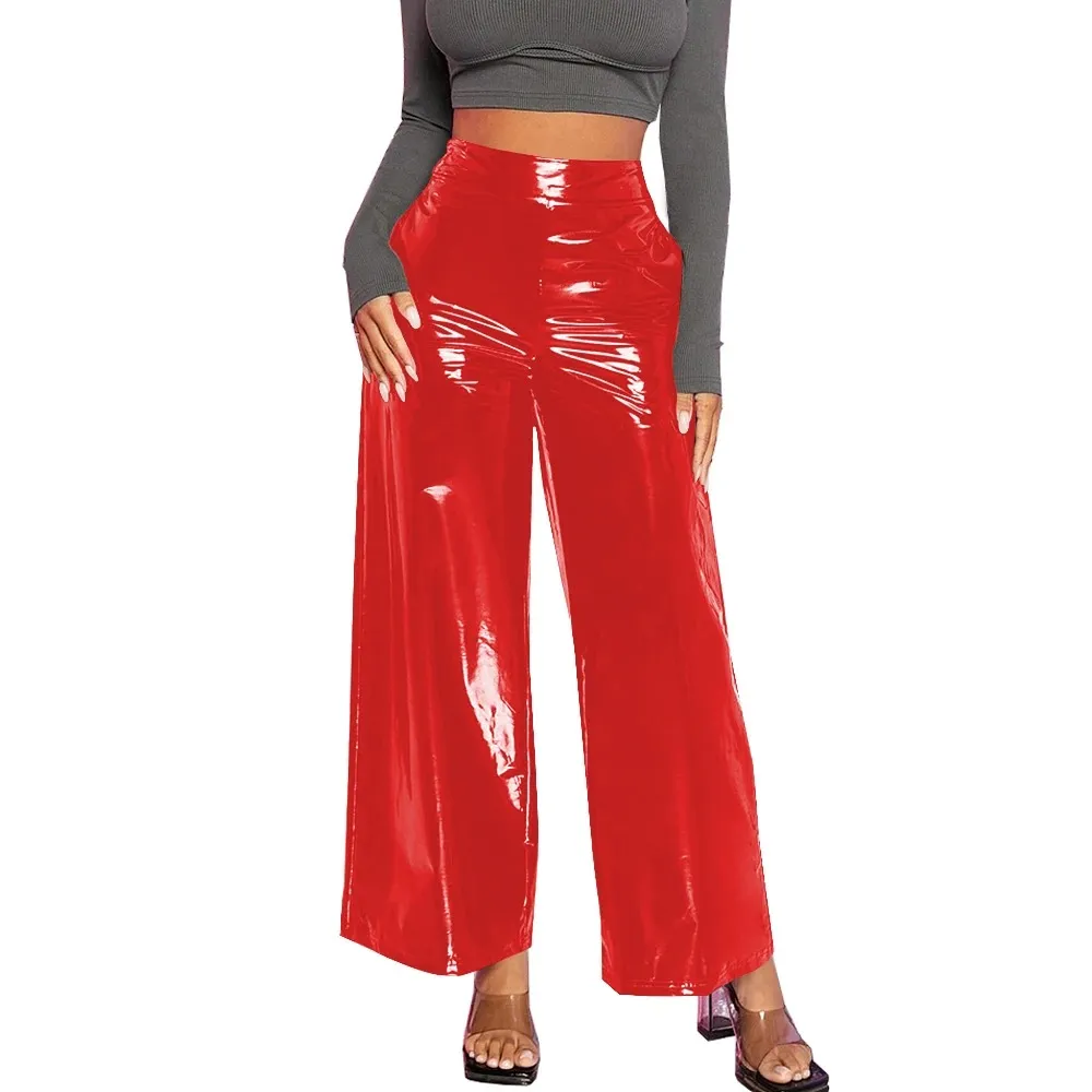 Office Lady PVC Leather Pants - Glossy High Waist Solid Color Gothic Streetwear Trousers