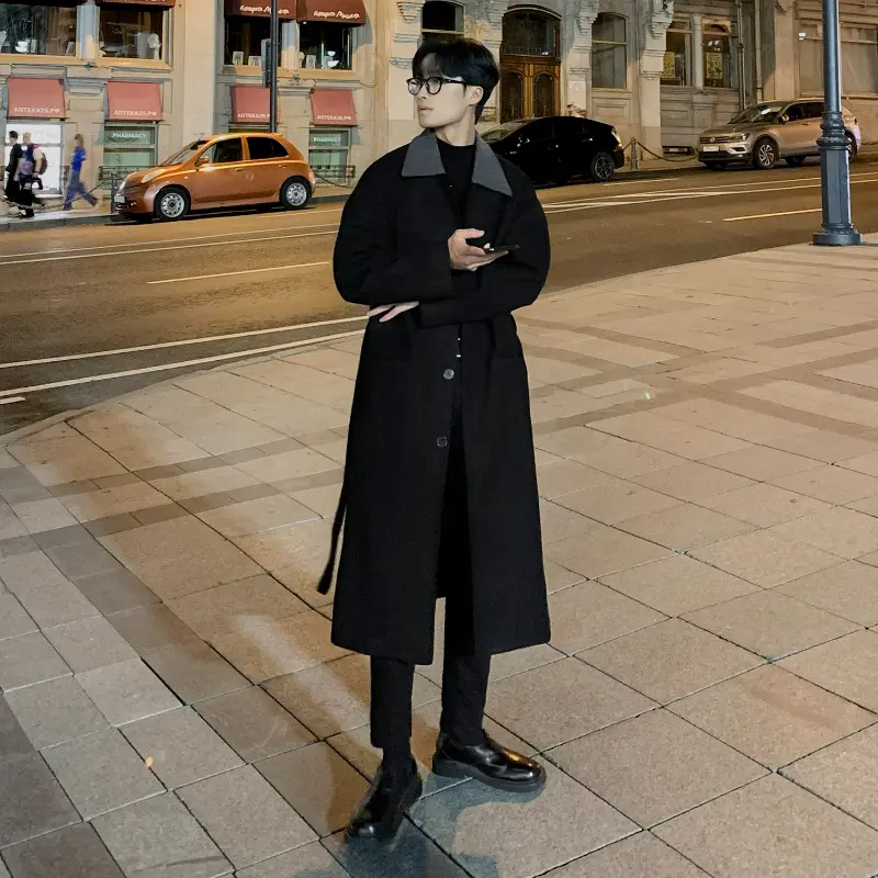 Men's Autumn And Winter Mid-Length Loose Casual Thick Woolen Coat Stitching Color
