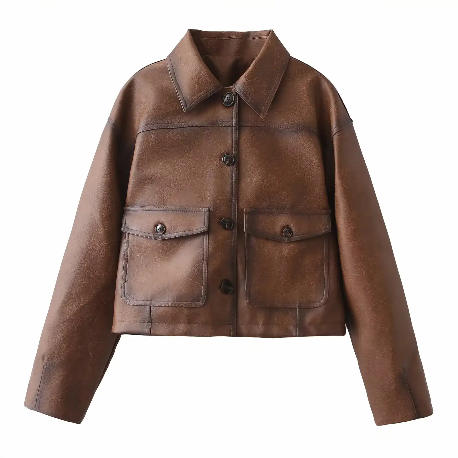 Women's Clothing Retro Wax Leather Motorcycle Style Short PU Leather Jacket Top