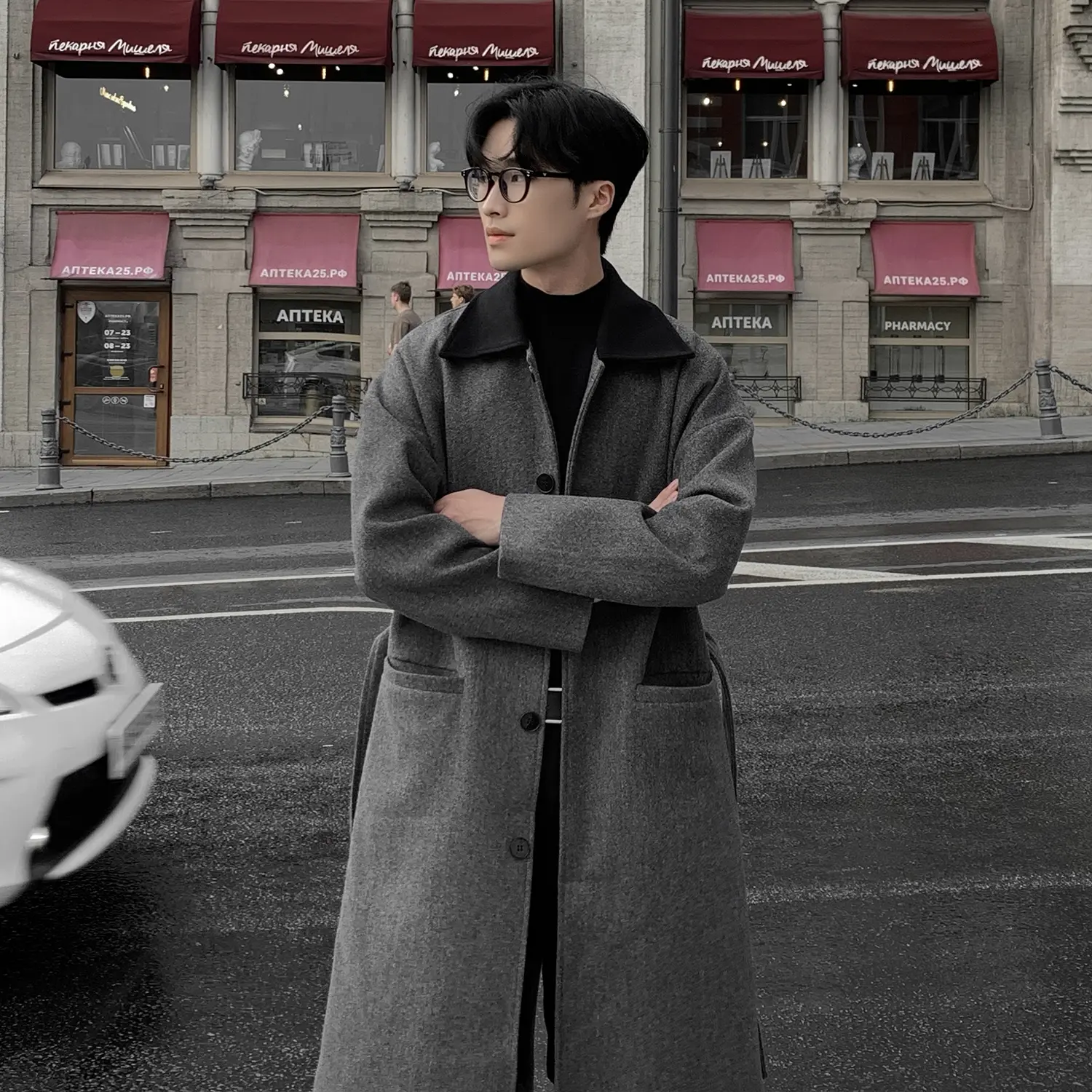 Men's Autumn And Winter Mid-Length Loose Casual Thick Woolen Coat Stitching Color