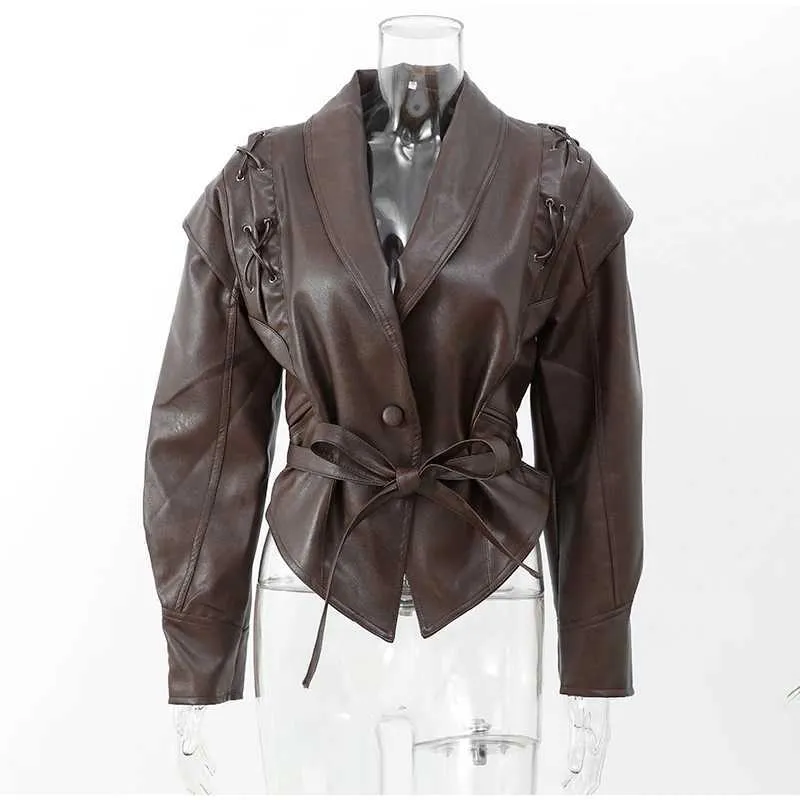 Retro Collar Leather Jacket Women's Fashion Solid Long Slves Pocket Short Coat Autumn Women's Fashion