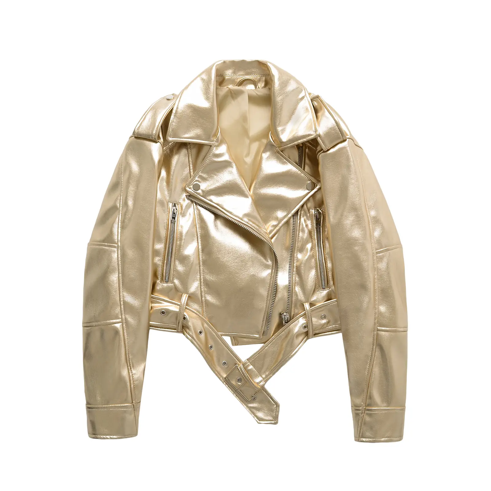 Spring Autumn Women's Fashion Casual Short Leather Jacket Streetwear Female Zipper Belt Loose Coat Outwear Tops