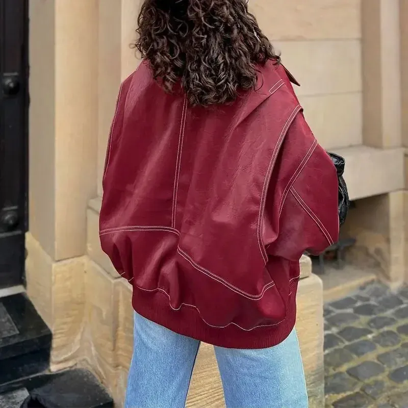 Fashion Patchwork Lapel Long Sleeve Coats Vintage Zipper Leather Jacket For Women Autumn Winter Female Casual Outerwear