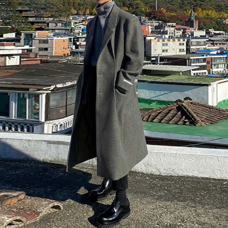 Men's Trendy Gentleman Woolen Coat Long Sleeve Lapel Windbreaker Autumn And Winter Thickened Coat