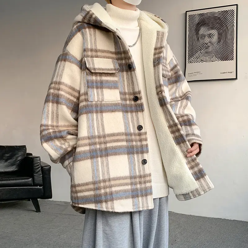 Men's Woolen Striped Cotton Coat Thick Warm Lambskin Hooded Korean Style Coat