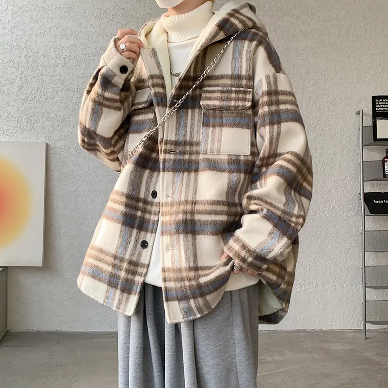 Men's Woolen Striped Cotton Coat Thick Warm Lambskin Hooded Korean Style Coat