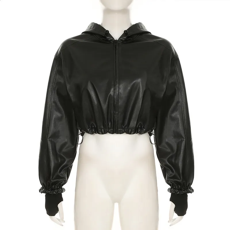 Gothic Leather Jacket Women Hooded Zip Up Short Coats Fashion High Street Drawstring Bomber Jackets Punk Style
