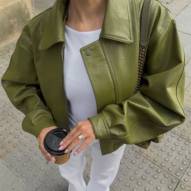 Women's Jackets Fashion Laple Zipper Leather Jacket Women Chic Long Sleeve Loose Cropped Coat Lady Casual High Street Outerwear