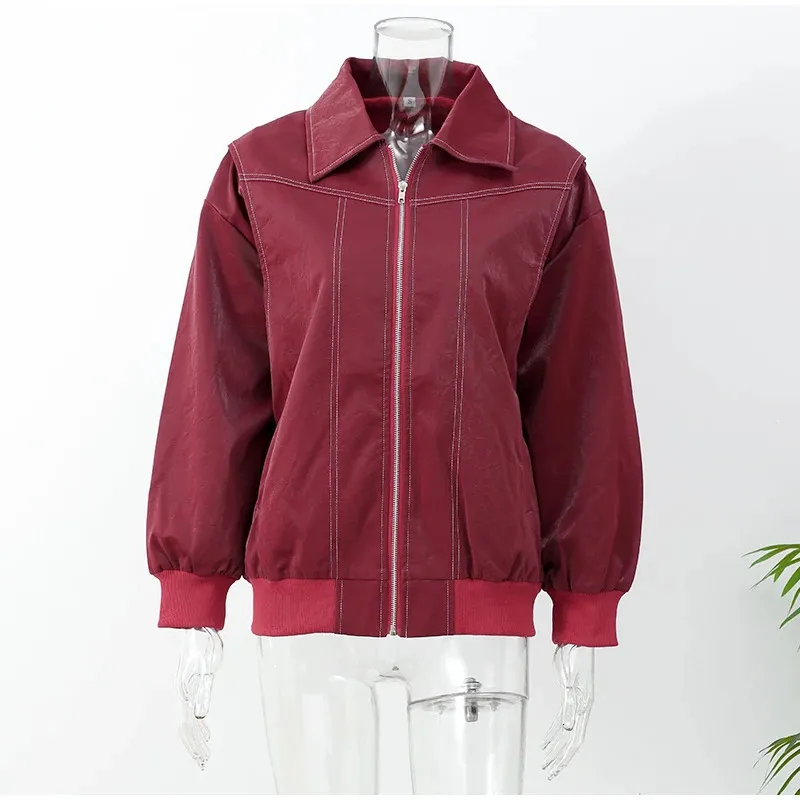 Fashion Patchwork Lapel Long Sleeve Coats Vintage Zipper Leather Jacket For Women Autumn Winter Female Casual Outerwear