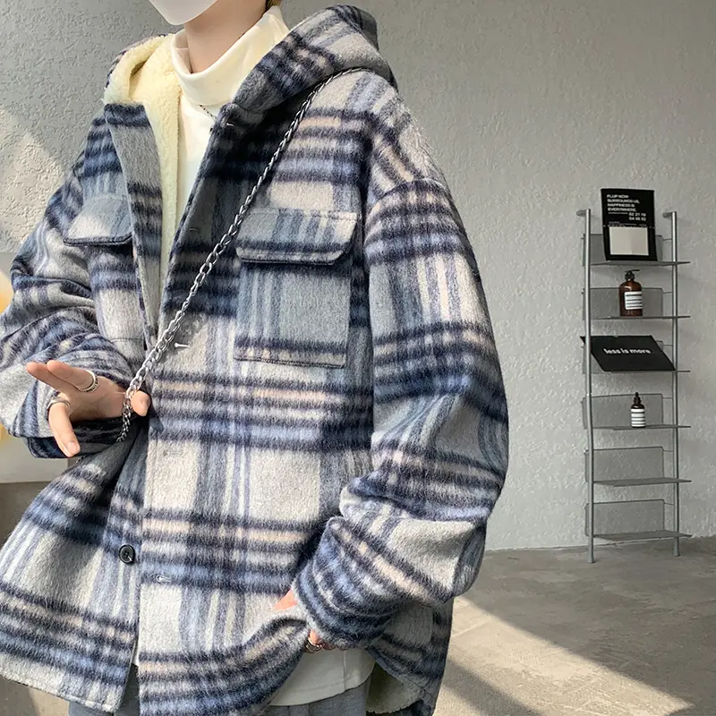Men's Woolen Striped Cotton Coat Thick Warm Lambsk...