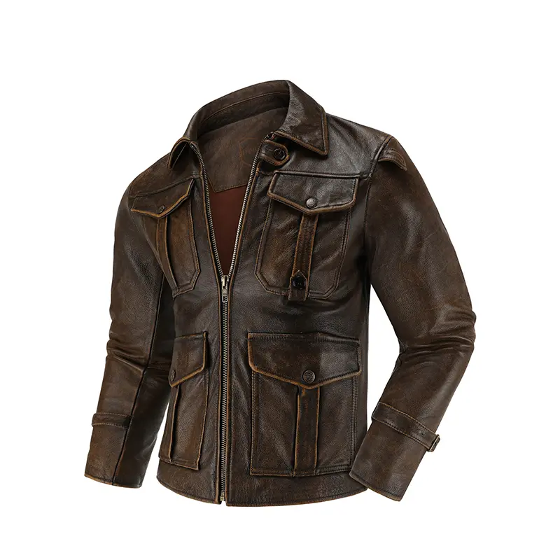 Top-Layer Cowhide Leather Jacket Men's Four Seasons Motorcycle Leather Jacket Slim-Fit Lapel Multi-Pocket Jacket