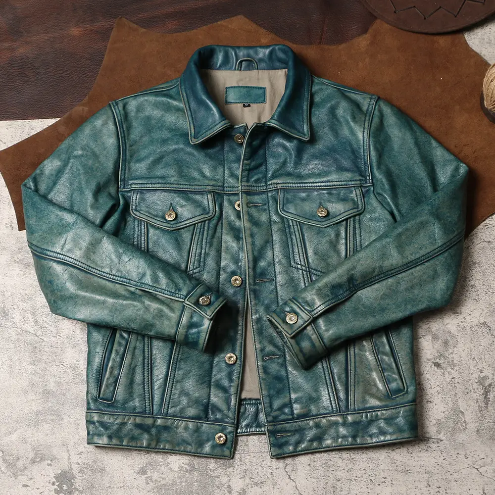Men Vintage Style Leather Jacket Retro Short Cowhide Coat Heavy Leather Cloth