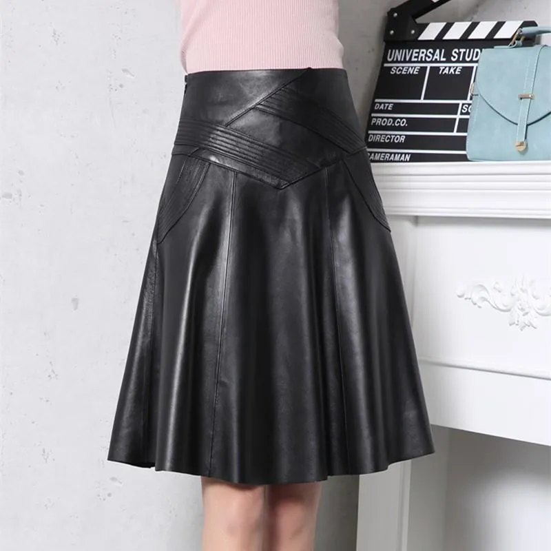 Skirts Plus Size Skirt Women Genuine Leather High Waist Female Real Skin Pleated